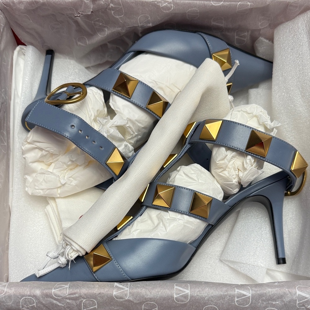 Valentino Garavani Blue Heels with Gold Studs